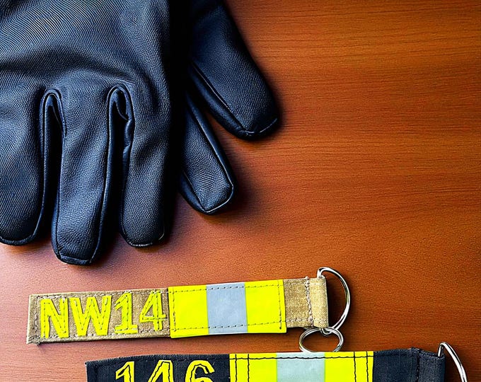 Firefighter key fob fire gear handmade recycled fire gear key ring gift idea custom safety key chain personalized fire responder accessory