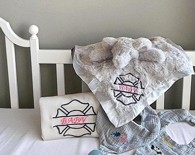 Firefighter Newborn gift set embroidered security comfort First Responder plush toy blanket personalized bib pacifier holder keepsake