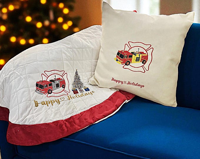 First Responder Handmade Embroidered Holiday Pillow Cover Firetruck Design Christmas Tree Decor Festive Cushion Firefighter Home Gift