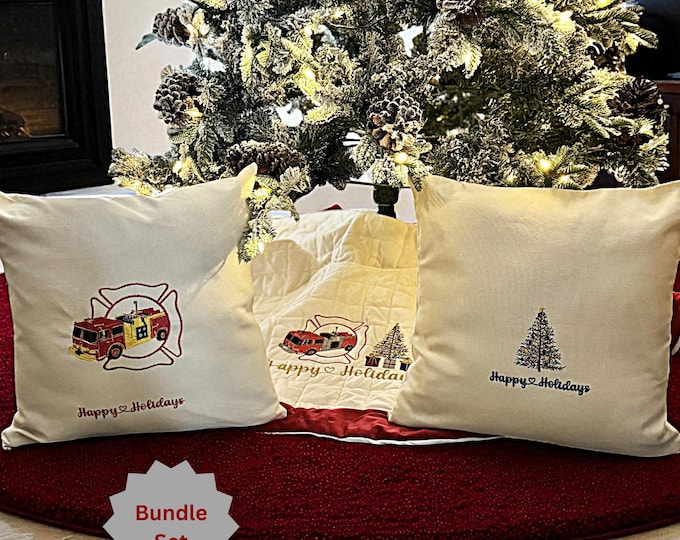 First Responder Bundle Christmas Tree Skirt Handmade Decor Embroidered Holiday Pillow Cover Personalized Firefighter Home Keepsake