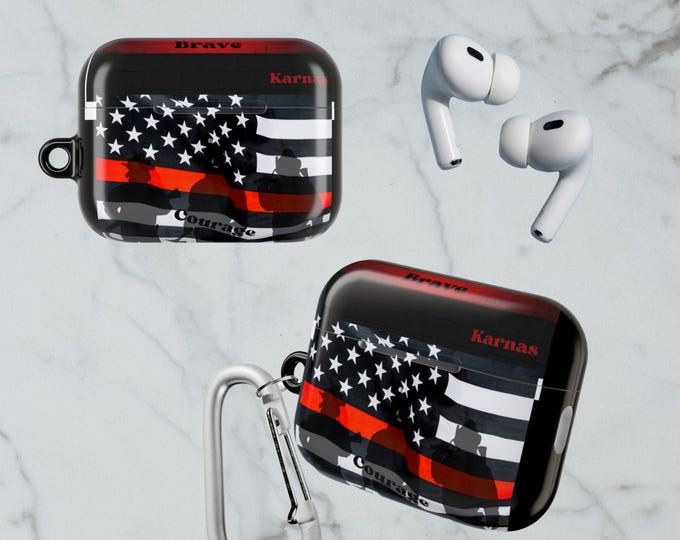 Firefighter AirPods case custom thin red line American Flag personalized design wireless earbud rescue accessory first responder gift idea