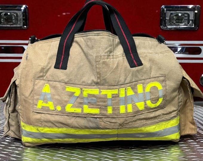 Custom firefighter turnout gear duffle bag personalized reflective name emergency responder travel sac durable handmade retirement gift