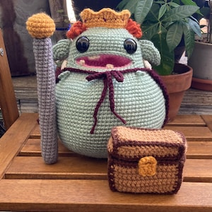 Jorg the King Goblin, large plush crochet Goblin with treasure