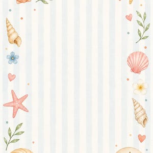 Puede incluir: Una tarjeta rectangular con un patrón de rayas verticales en azul claro y blanco. El borde está decorado con ilustraciones en acuarela de conchas marinas, estrellas de mar, dólares de arena, flores pequeñas, ramas verdes y corazones rosas.