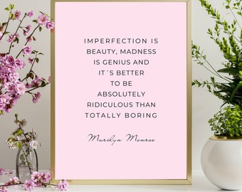 Marilyn Monroe Inspirational Women Quote Imperfection Is Beauty | Pink Aesthetic Digital Wall Art Print for Living Room and Office Decor