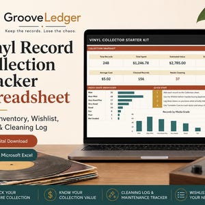 May include: A digital vinyl record collection tracker spreadsheet for Microsoft Excel titled Groove Ledger. The screen displays a collection snapshot, media grade breakdown, and a bar chart. Text includes Vinyl Record Collection Tracker Spreadsheet.