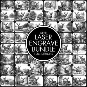 Pode incluir: Uma coleção digital de ilustrações a preto e branco com vários veados em ambientes florestais naturais. Um emblema circular central exibe o texto DEER LASER ENGRAVE BUNDLE 100+ DESIGNS. O layout em grelha apresenta inúmeras cenas.