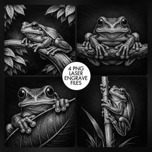 May include: Four black and white illustrations of frogs in various poses. One frog sits on a branch, another faces the viewer, a third holds a leaf, and the last clings to a bamboo stalk. The text "4 PNG Laser Engrave Files" is in a white circle.