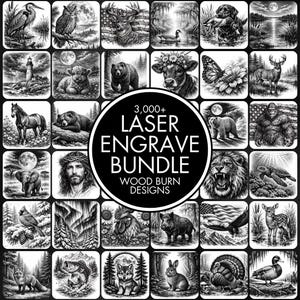 May include: A digital collection of 3,000+ laser engrave wood burn designs featuring black and white illustrations of wildlife, animals, landscapes, and religious figures arranged in a grid with a central circular text overlay.
