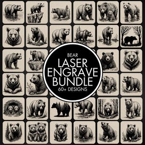 Puede incluir: Una colección de ilustraciones de osos en blanco y negro, presentadas en una cuadrícula. Las imágenes muestran varias poses y escenas de osos, con un gráfico circular central que dice "BEAR LASER ENGRAVE BUNDLE 60+ DESIGNS".
