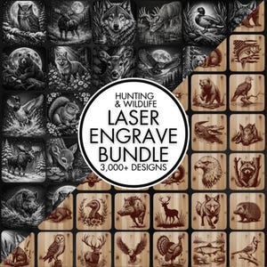 Könnte beinhalten: Eine Sammlung von lasergravierten Designs mit Wildtier- und Jagdthemen. Die Designs zeigen verschiedene Tiere wie Eulen, Wölfe, Hirsche und Bären. Der Text in der Mitte lautet "HUNTING & WILDLIFE LASER ENGRAVE BUNDLE 3,000+ DESIGNS."