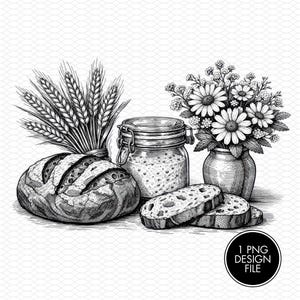 May include: A black and white line art illustration featuring a round loaf of bread, two slices of bread, a glass jar with a metal lid, and a bouquet of daisies in a vase, with a bundle of wheat stalks. Text reads 1 PNG DESIGN FILE.