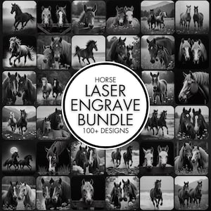 Puede incluir: Una colección de imágenes de caballos en blanco y negro. Las imágenes muestran caballos en varias poses, incluyendo corriendo, de pie y retratos de cerca. La imagen central tiene el texto "HORSE LASER ENGRAVE BUNDLE 100+ DESIGNS".