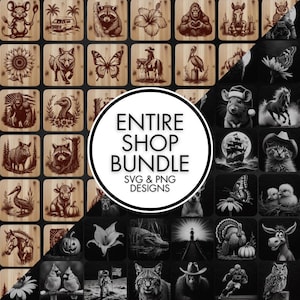 Może przedstawiać: Kolekcja projektów SVG i PNG z różnymi ilustracjami o tematyce zwierzęcej i przyrodniczej. Projekty są wyświetlane na kwadratowych drewnianych tłach, z mieszanką obrazów kolorowych i w skali szarości. Centralny obrazek głosi "ENTIRE SHOP BUNDLE SVG & PNG DESIGNS."