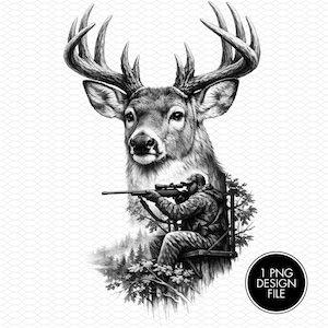 Könnte beinhalten: Schwarz-Weiß-Illustration eines Hirsches mit großem Geweih, eines Jägers mit Gewehr und einer Waldszene. Das Bild enthält eine runde Grafik mit dem Text "1 PNG DESIGN FILE".