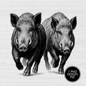 May include: Black and white illustration of two wild boars running forward. The boars have detailed fur textures, visible tusks, and are set against a light wood grain background. A circular graphic in the bottom right corner reads "1 PNG DESIGN FILE".