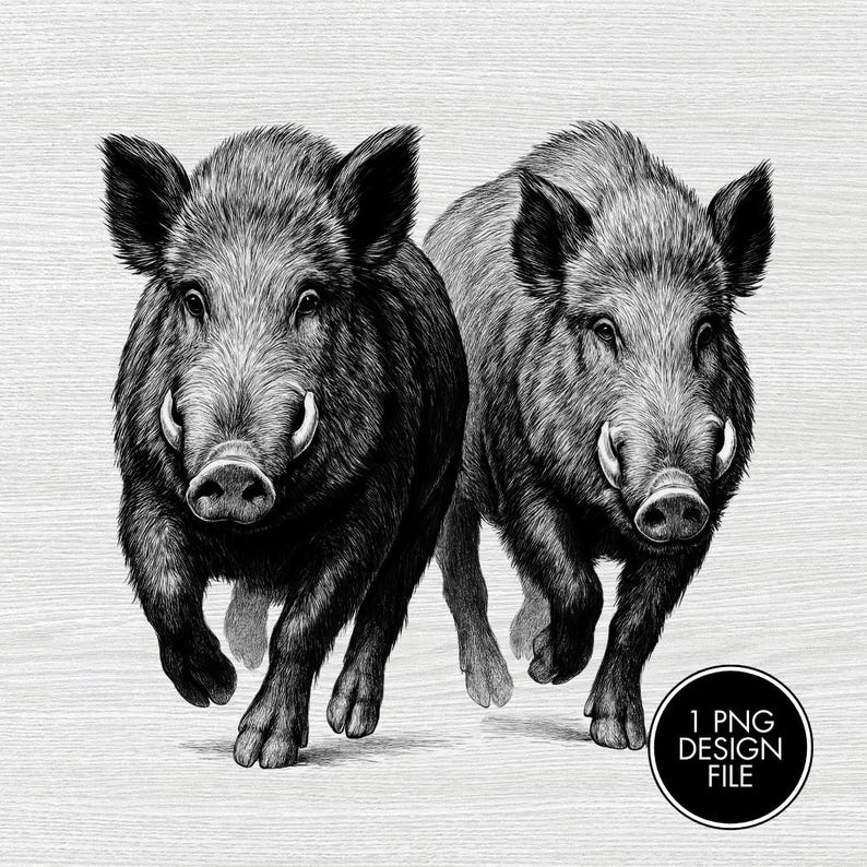 May include: Black and white illustration of two wild boars running forward. The boars have detailed fur textures, visible tusks, and are set against a light wood grain background. A circular graphic in the bottom right corner reads "1 PNG DESIGN FILE".