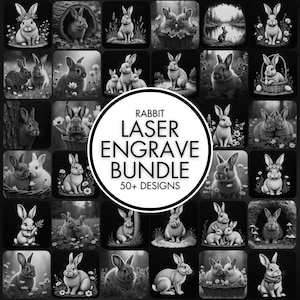 Puede incluir: Una colección de ilustraciones en escala de grises de conejos en varias poses y entornos. Las imágenes incluyen conejos en cestas, entre flores y en entornos naturales. El texto central dice "RABBIT LASER ENGRAVE BUNDLE 50+ DESIGNS."