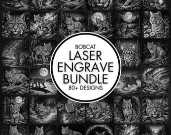 Op de afbeelding: Een verzameling zwart-wit illustraties van bobcats in verschillende poses en omgevingen. De afbeeldingen tonen scènes met volle manen, bossen en close-up portretten. De tekst "BOBCAT LASER ENGRAVE BUNDLE 80+ DESIGNS" wordt weergegeven in een cirkelvormig ontwerp.