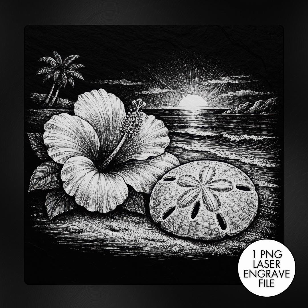 Beach Hibiscus Sand Dollar Laser Engraving PNG, Slate Engraving