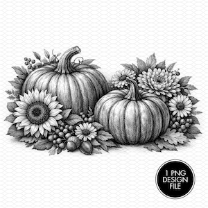 Peut inclure: Une illustration numérique en noir et blanc représentant deux citrouilles entourées de tournesols, de marguerites, de feuilles, de baies et de glands. Un badge circulaire en bas à droite contient le texte 1 PNG DESIGN FILE.