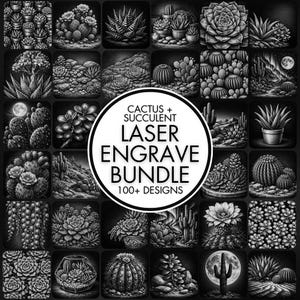 May include: A black and white laser engraving bundle with over 100 designs of cacti and succulents. The designs include detailed illustrations of different species, landscapes, and arrangements, suitable for crafting projects.