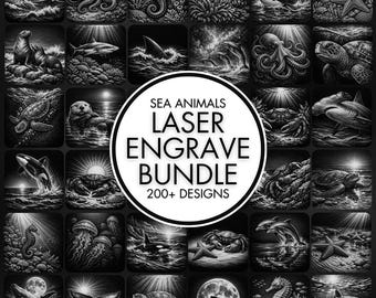 May include: A black and white laser engraving bundle featuring various sea creatures. The image includes illustrations of dolphins, octopuses, seahorses, whales, sharks, and more. The central text reads "SEA ANIMALS LASER ENGRAVE BUNDLE 200+ DESIGNS."