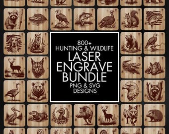 May include: A collection of wooden squares, each featuring a detailed laser engraving of wildlife. The designs include animals like deer, bears, and birds. The central image reads "800+ HUNTING & WILDLIFE LASER ENGRAVE BUNDLE PNG & SVG DESIGNS."