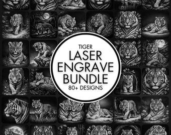 Op de afbeelding: Een verzameling zwart-wit illustraties van tijgers in verschillende poses. De afbeeldingen zijn gerangschikt in een raster, met een centrale cirkelvormige afbeelding met de tekst "TIGER LASER ENGRAVE BUNDLE 80+ DESIGNS".