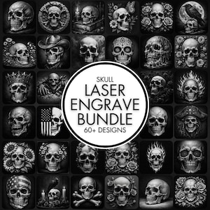 Könnte beinhalten: Schwarz-weiß-Bild mit verschiedenen Schädeldesigns, darunter solche mit Kronen, Blumenarrangements und patriotischen Motiven. Der Text "SKULL LASER ENGRAVE BUNDLE 60+ DESIGNS" ist ebenfalls enthalten.