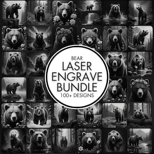 Puede incluir: Una imagen en blanco y negro que presenta múltiples ilustraciones de osos. Las imágenes muestran osos en diversas poses y entornos, como bosques y paisajes. Un gráfico circular central dice "BEAR LASER ENGRAVE BUNDLE 100+ DESIGNS."