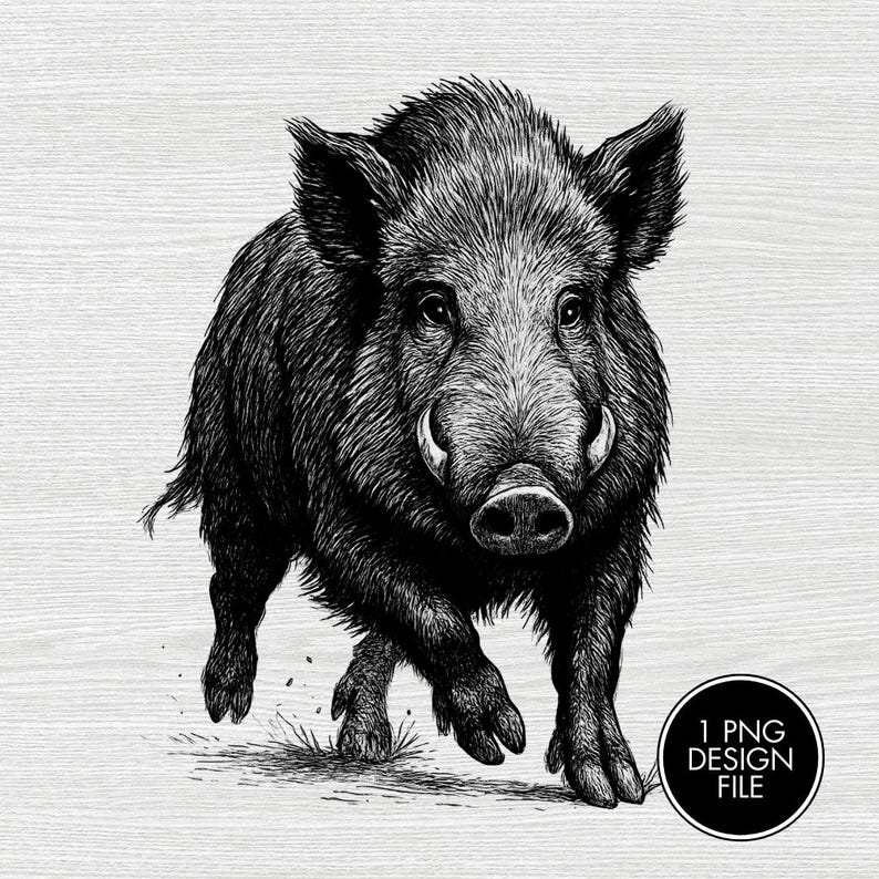 May include: Black and white illustration of a wild boar, rendered in a detailed, realistic style. The boar is depicted in motion, with its tusks visible, and the image includes a circular graphic with the text "1 PNG DESIGN FILE".