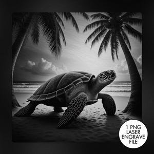 May include: Black and white illustration of a sea turtle on a sandy beach with palm trees. The turtle is walking towards the ocean. The image includes the text "1 PNG LASER ENGRAVE FILE".