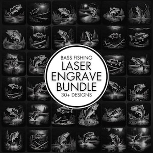 Puede incluir: Colección de diseños grabados con láser en blanco y negro que representan peces lubina en varias escenas. Los diseños incluyen peces saltando fuera del agua, en lagos y cerca de árboles. El texto "BASS FISHING LASER ENGRAVE BUNDLE 30+ DESIGNS" está en el centro.