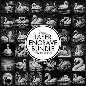 Peut inclure: Image en niveaux de gris présentant diverses représentations de cygnes. Les motifs montrent des cygnes dans différentes poses et environnements, notamment aquatiques et floraux. Un cercle central indique "SWAN LASER ENGRAVE BUNDLE 70+ DESIGNS."