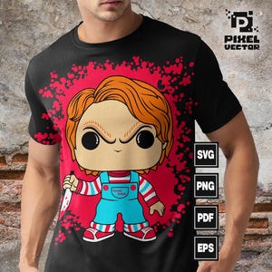 Könnte beinhalten: Ein schwarzes T-Shirt mit einem roten und weißen Grafikdruck eines Popkultur-Charakters, der ein Messer hält. Der Charakter hat rote Haare, einen blauen Overall und ein rot-weiß gestreiftes Hemd. Der Text "Good Guys" ist auf dem Hemd des Charakters gedruckt.