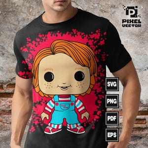 Könnte beinhalten: Schwarzes T-Shirt mit einem roten und weißen Spritzmuster, das einen Comic-Charakter mit roten Haaren, blauen Augen und einem blau-weiß gestreiften Shirt zeigt. Der Charakter hält einen rot-weiß gestreiften Ball und hat die Worte "Good Guys" auf seinem Shirt.