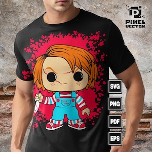 Könnte beinhalten: Ein schwarzes T-Shirt mit einer roten und weißen Popkulturfigur, die ein Messer hält. Die Figur hat rote Haare, blaue Augen und ein rot-weiß gestreiftes Shirt. Der Hintergrund ist ein rotes und weißes Spritzmuster.