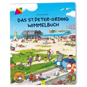 May include: A colourful book cover with the title "Das St. Peter-Ording Wimmelbuch" by Jannes Weber. The cover features a beach scene with people, animals, and a pier. There is a kite flying in the sky and a seal wearing a life preserver.