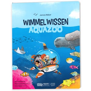 Könnte beinhalten: Ein farbenfroher Buchumschlag mit dem Titel "Wimmel Wissen Aquazoo" und einer Illustration eines U-Boots mit Kindern darin, umgeben von verschiedenen Meeresbewohnern, darunter ein Wal, ein Rochen und eine Vielzahl von Fischen. Das Buch wird von Johannes Schamsel Verlag und Aquazoo Löbbecke Museum herausgegeben.