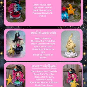 May include: A collection of handmade crochet dolls, each with unique features and vibrant colors. The dolls include a witch with a black hat and a doll with pink and blue hair. Finished heights range from 14 to 26 inches.