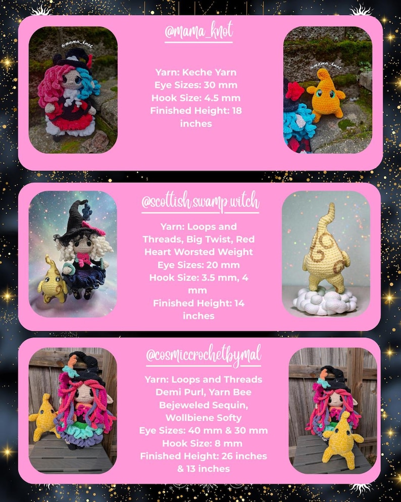 May include: A collection of handmade crochet dolls, each with unique features and vibrant colors. The dolls include a witch with a black hat and a doll with pink and blue hair. Finished heights range from 14 to 26 inches.
