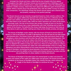 May include: A digital artwork with a dark pink background and gold stars, featuring text about "Lore of The Dream Scouts." The text describes the Dream Scouts, their mission, and their connection to wishes and dreams. The bottom text states the pattern is designed by Pink Mew Crochet.