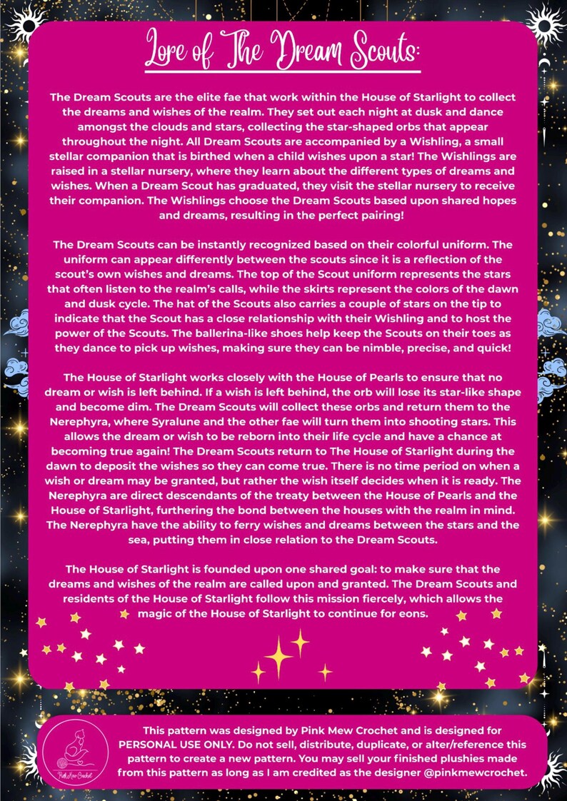 May include: A digital artwork with a dark pink background and gold stars, featuring text about "Lore of The Dream Scouts." The text describes the Dream Scouts, their mission, and their connection to wishes and dreams. The bottom text states the pattern is designed by Pink Mew Crochet.