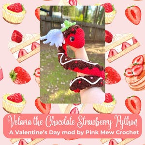 May include: Velaria the Chocolate Strawberry Python, a Valentine's Day mod by Pink Mew Crochet, is a crocheted plush toy shaped like a snake with a strawberry head and chocolate-colored body.