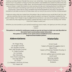 Puede incluir: Un patr&oacute;n de crochet para hacer un axolotl de peluche llamado Aurielle. El patr&oacute;n incluye instrucciones, abreviaturas, materiales necesarios y una nota sobre el uso personal &uacute;nicamente. El patr&oacute;n est&aacute; escrito en t&eacute;rminos estadounidenses y se considera un patr&oacute;n avanzado para principiantes/intermedios.