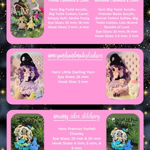 May include: A collection of handmade crochet plushies, including whimsical figures with detailed features. The image showcases various yarn types, eye sizes, and hook sizes. One plushie is 16 inches tall. The text includes the names of the creators.