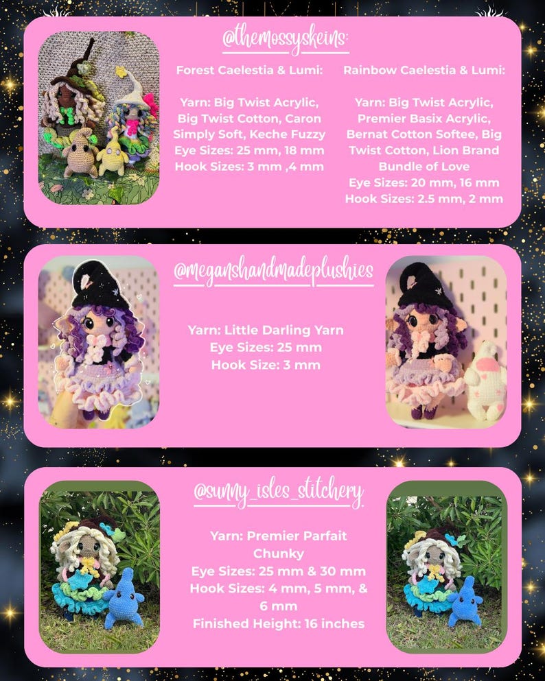 May include: A collection of handmade crochet plushies, including whimsical figures with detailed features. The image showcases various yarn types, eye sizes, and hook sizes. One plushie is 16 inches tall. The text includes the names of the creators.