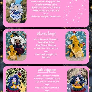 May include: Three handmade crochet dolls with unique designs and vibrant colors are displayed. The dolls vary in size, with finished heights of 13, 20, and 21 inches. Each doll features detailed yarn work and creative embellishments, showcasing the artistry of crochet.