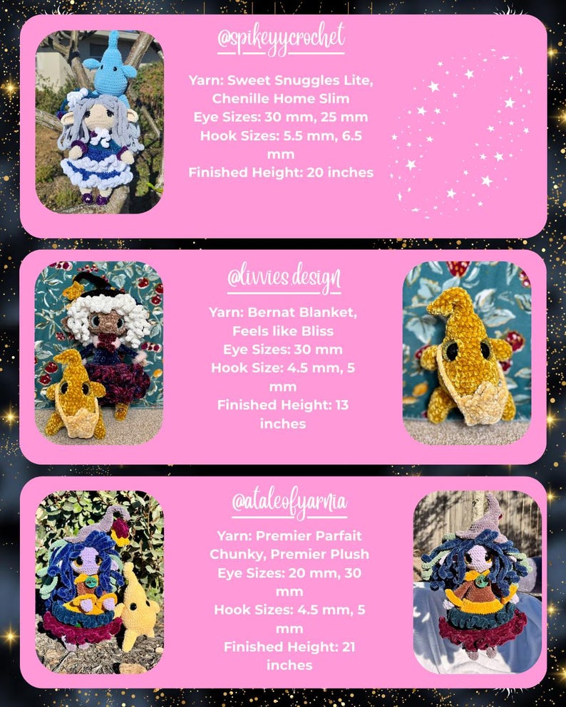 May include: Three handmade crochet dolls with unique designs and vibrant colors are displayed. The dolls vary in size, with finished heights of 13, 20, and 21 inches. Each doll features detailed yarn work and creative embellishments, showcasing the artistry of crochet.